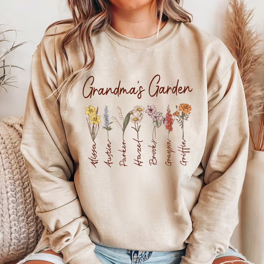 Custom Grandma's Garden Sweatshirt – Personalized Floral Design with Grandkids' Names, Perfect Gift for Grandmothers