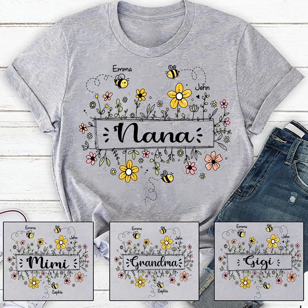 Personalized Nana Flower Bee And Grandkids Custom Names