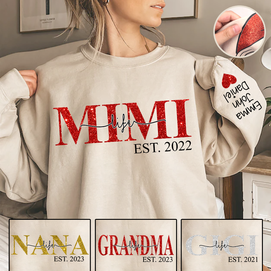 Glitter Mimi Life Est Sweatshirt, Custom Name And Grandkids Sweatshirt