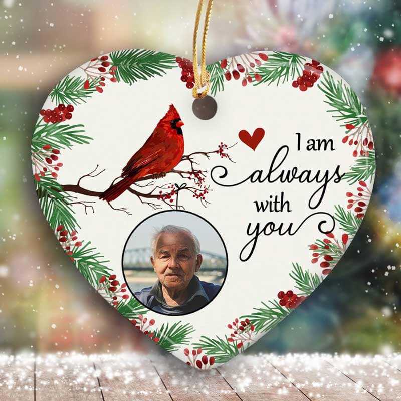 Always With You Holly Branch Cardinal Memorial Photo Personalized Heart Ornament