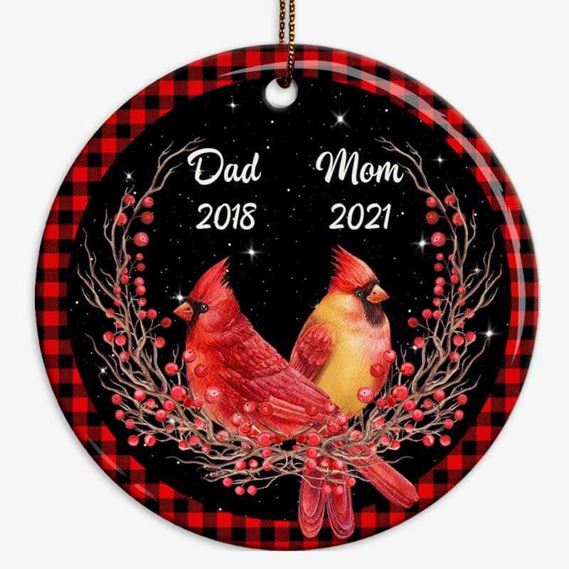 Cardinals Checkered Berry Wreath Personalized Circle Ornament