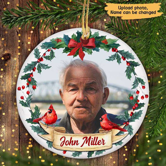 Christmas Wreath Cardinal Photo Memorial Personalized Circle Ornament