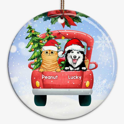Dog Cat On Christmas Truck Personalized Decorative Circle Ornament