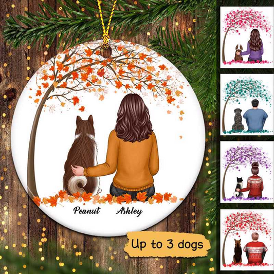 Dog Mom Dog Dad Under Tree Fall Season Personalized Circle Ornament