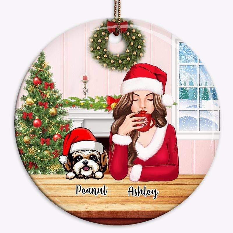 Dog Mom With Peeking Dogs Christmas Personalized Circle Ornament