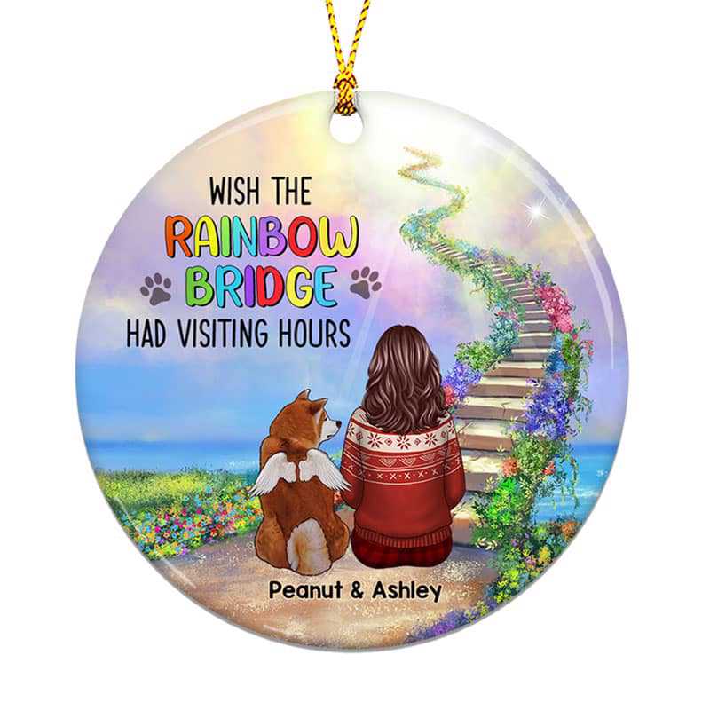 Rainbow Bridge Girl And Dogs Memorial Personalized Circle Ornament