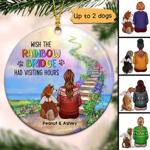 Rainbow Bridge Girl And Dogs Memorial Personalized Circle Ornament