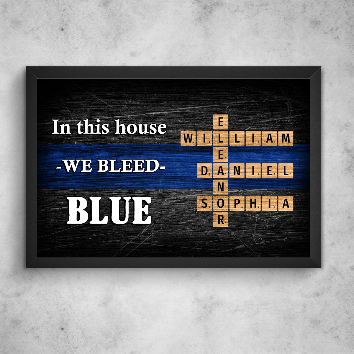 In This House We Bleed Blue Family Crossword Art Puzzle, Personalized Thin Blue Line Poster Office Decor, Appreciation Gift For Police Officers, Sheriff, Deputy Sheriff