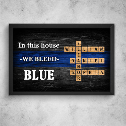 In This House We Bleed Blue Family Crossword Art Puzzle, Personalized Thin Blue Line Poster Office Decor, Appreciation Gift For Police Officers, Sheriff, Deputy Sheriff