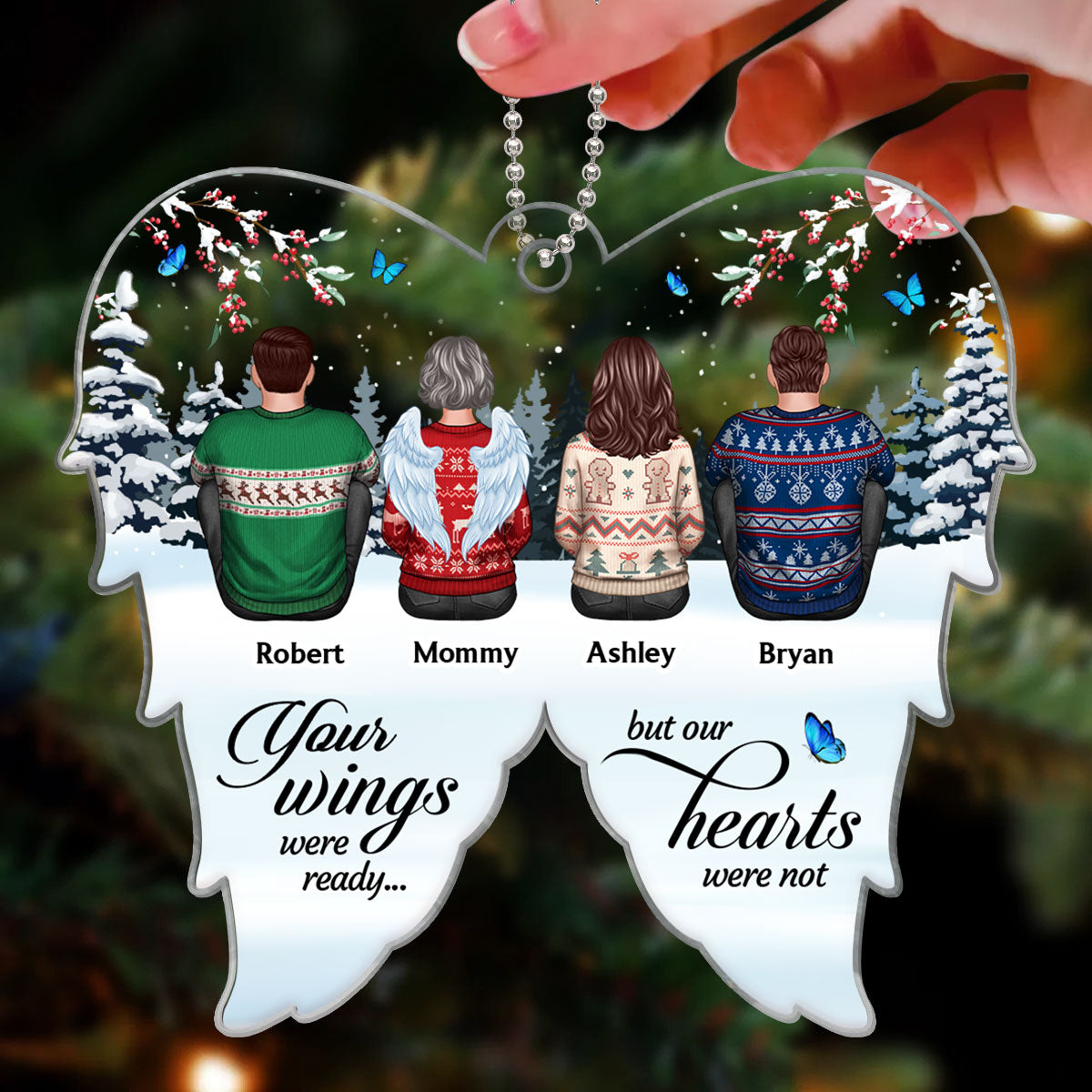 Family Sitting Memorial Angel Wings Shaped Personalized Acrylic Ornament