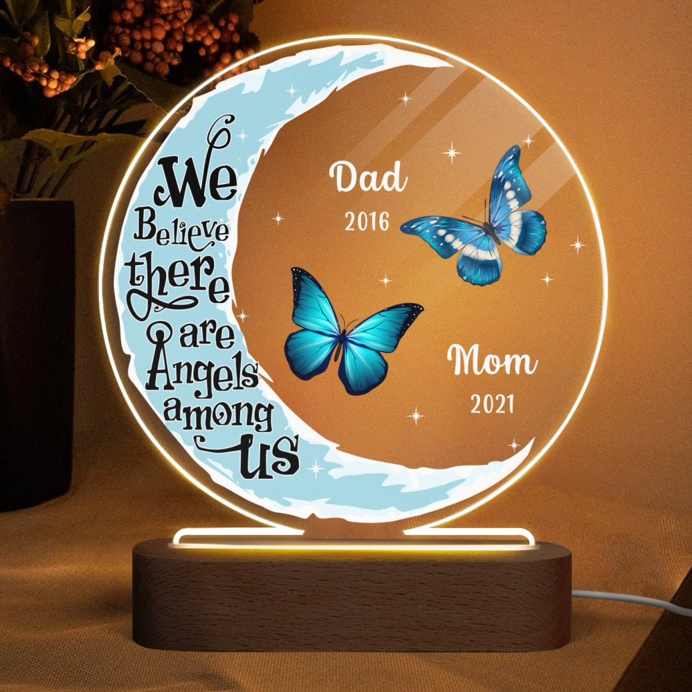 Moon Butterflies Angel Among Us Memorial Personalized Circle Acrylic Plaque With LED Lamp - Remembrance Keepsake