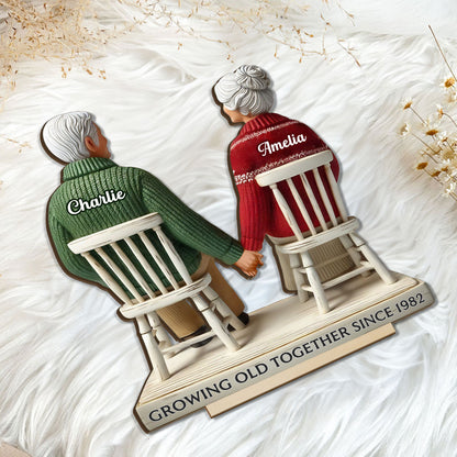 3D Effect Back View Old Couple Sitting Together Holding Hands Personalized Standing Wooden Plaque, Heartfelt Gift For Couple, For Him, For Her, Husband, Wife