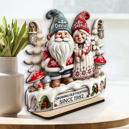 3D Effect Gnome Couple Together Personalized Standing Wooden Plaque, Heartfelt Gift For Couple, For Him, For Her, Husband, Wife