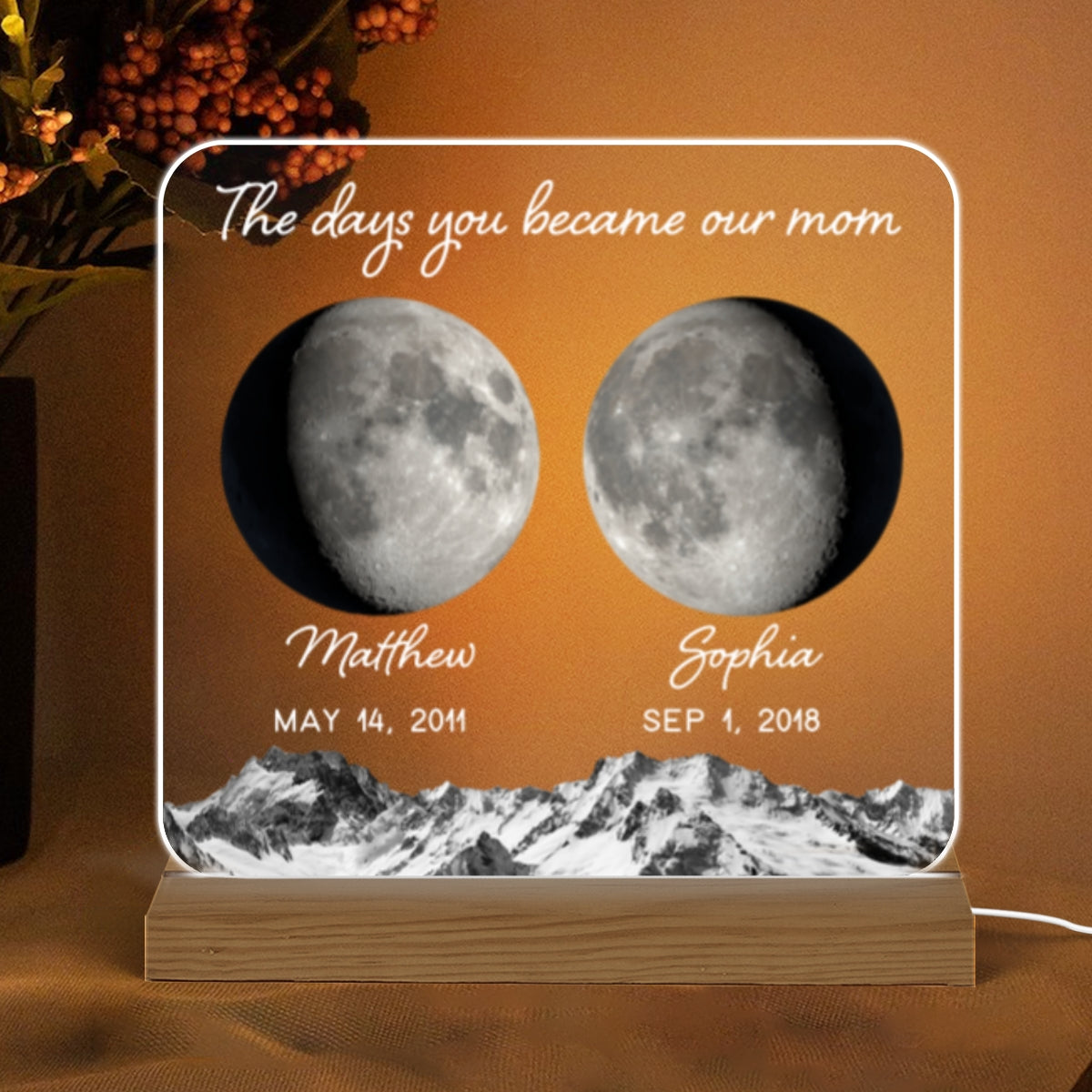 The Day You Became Mom Grandma Custom Birth Moon Phase Personalized Acrylic Warm LED Night Light, Mother's Day Gift