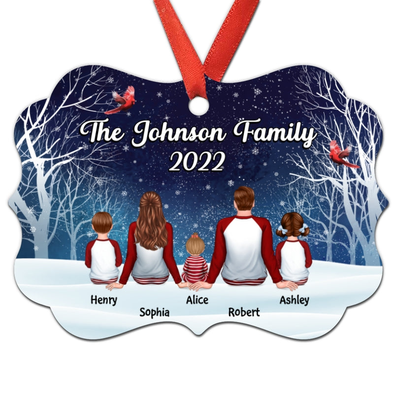 Pajamas Family Sitting In Snow Cardinal Tree Personalized Christmas Ornament