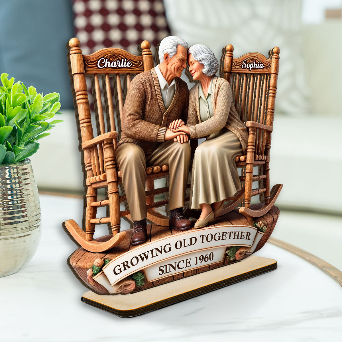3D Effect Old Couple Sitting On Rocking Chairs Together Personalized Standing Wooden Plaque, Heartfelt Mother's Day Gift For For Her, For Wife