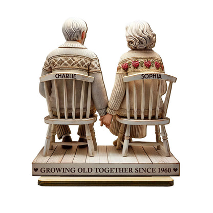 3D Effect Old Couple Holding Hands Sitting Together Personalized Standing Wooden Plaque, Heartfelt Anniversary Gift, Valentine's Day Gift For Couple, For Him, For Her, Husband, Wife