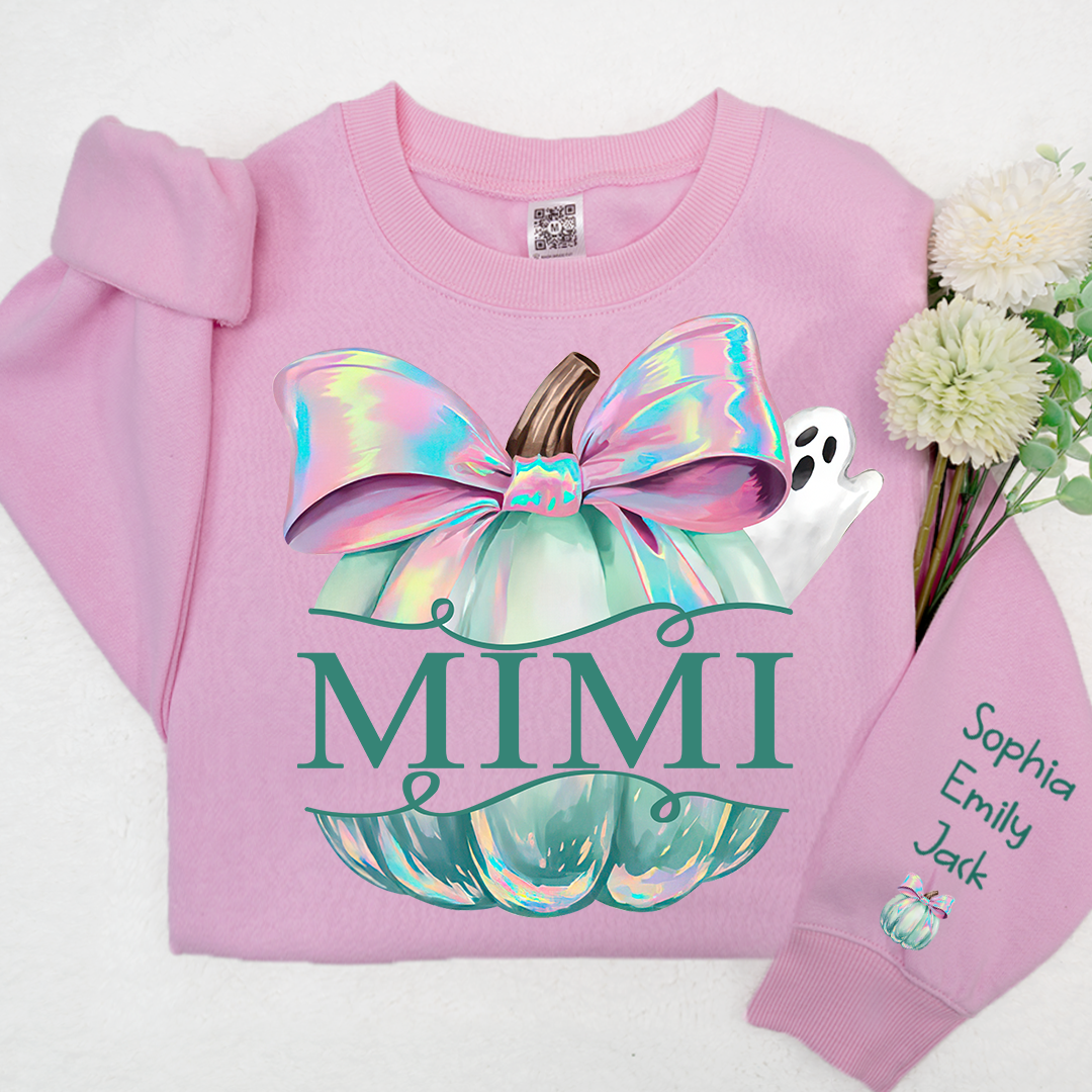 Personalized Mimi Pumpkin Iridescent Peeking Ghost With Grandkids Halloween Sweatshirt