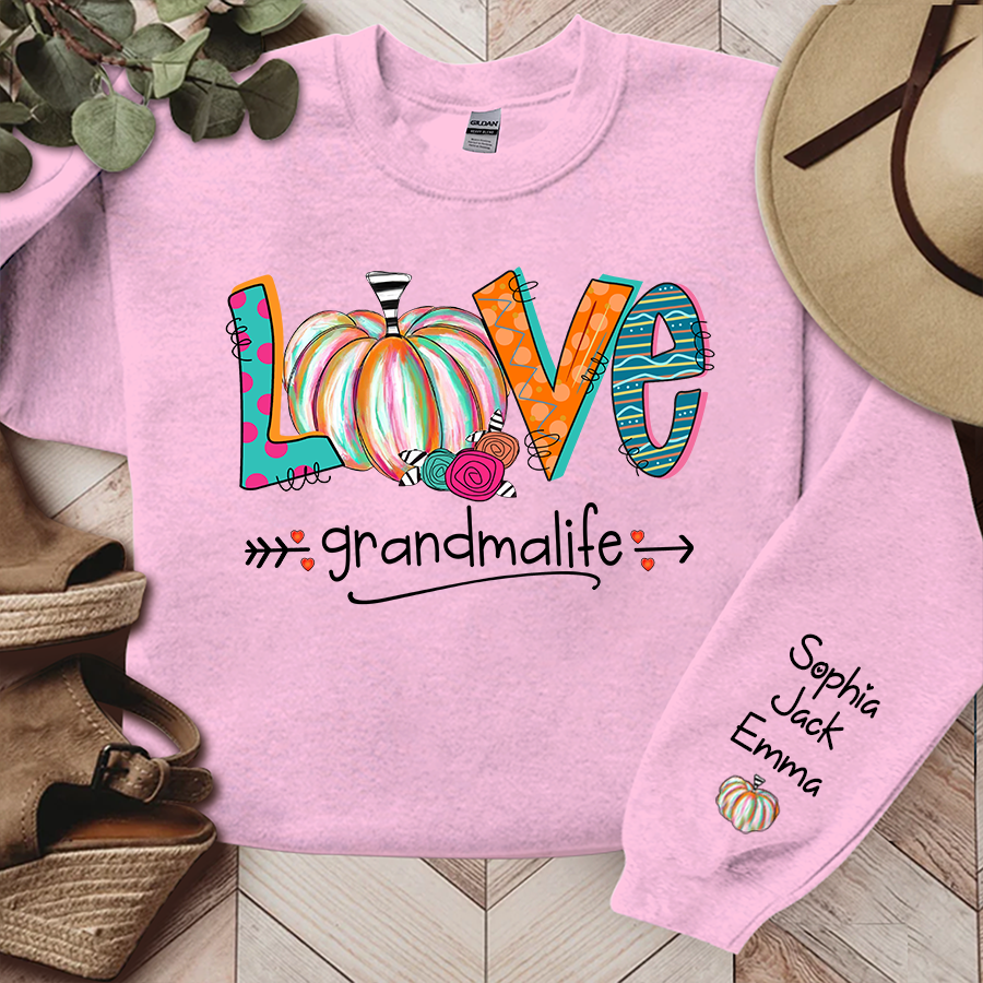 Love Grandma Life Pumpkins Grandkids Name Sweatshirt