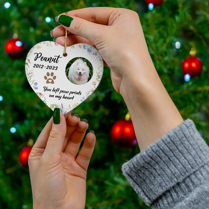 You Left Paw Prints On Our Hearts Personalized Ceramic Heart Ornament, Custom Photo Pet Memorial Gift, Dog Memorial, Cat Memorial