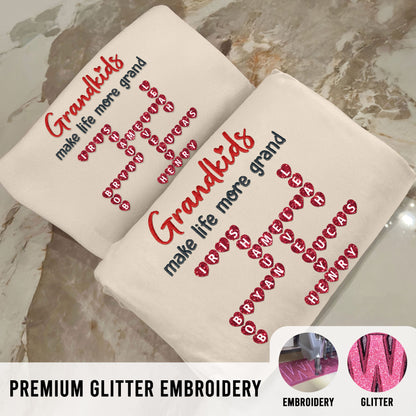 Grandkids The Greatest Gifts Crossword Puzzle Art Personalized Glitter Embroidery Sweater, Heartfelt Gift For Grandma