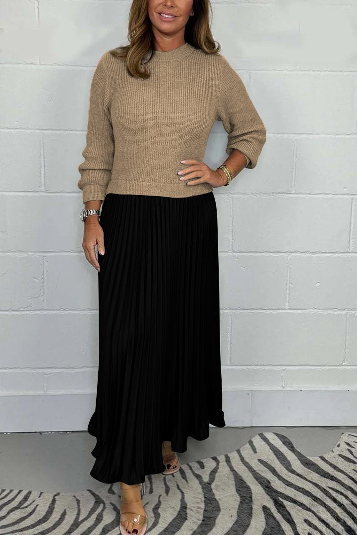 Women's solid color Long Sleeve Jumper & Pleated Bottom Dress Fashion Trends