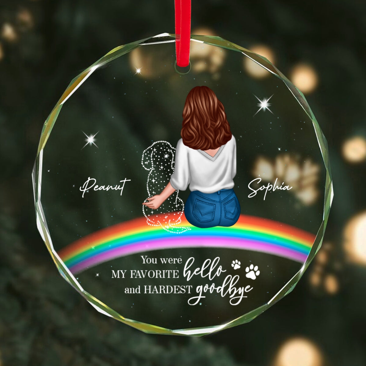 Rainbow Bridge Dog Memorial Pet Loss Keepsake Personalized Glass Ornament