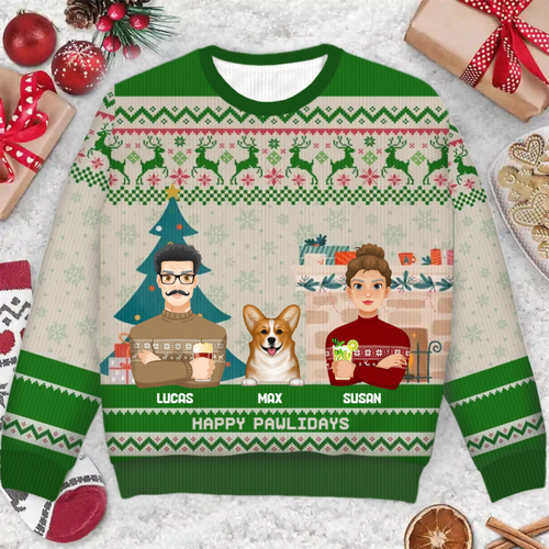 Happy Pawlidays - Dog & Cat Personalized Custom Ugly Sweatshirt - Unisex Wool Jumper - Christmas Gift For Husband Wife, Anniversary, Pet Owners, Pet Lovers