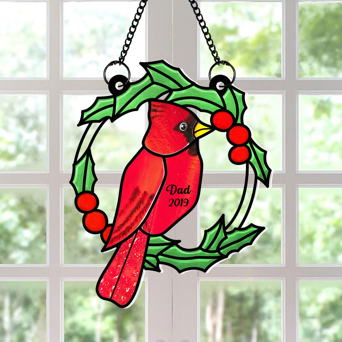 Christmas Wreath Cardinal Memorial Personalized Window Hanging Suncatcher Ornament, Sympathy Gift