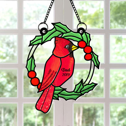 Christmas Wreath Cardinal Memorial Personalized Window Hanging Suncatcher Ornament, Sympathy Gift
