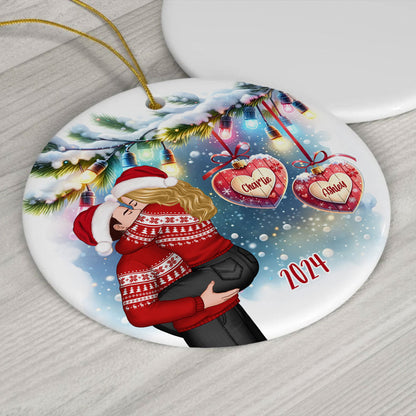 Christmas Hearts Couple Kissing Personalized Circle Ceramic Ornament