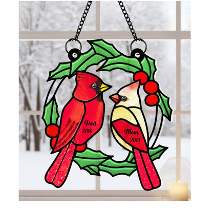 Christmas Wreath Cardinal Memorial Personalized Window Hanging Suncatcher Ornament, Sympathy Gift