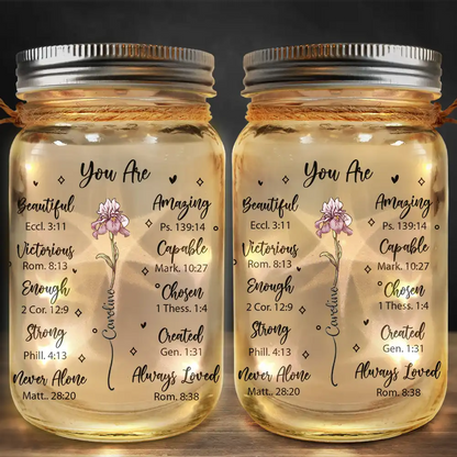 You Are Beautiful Victorious Woman Birth Month Flower - Personalized Mason Jar Light