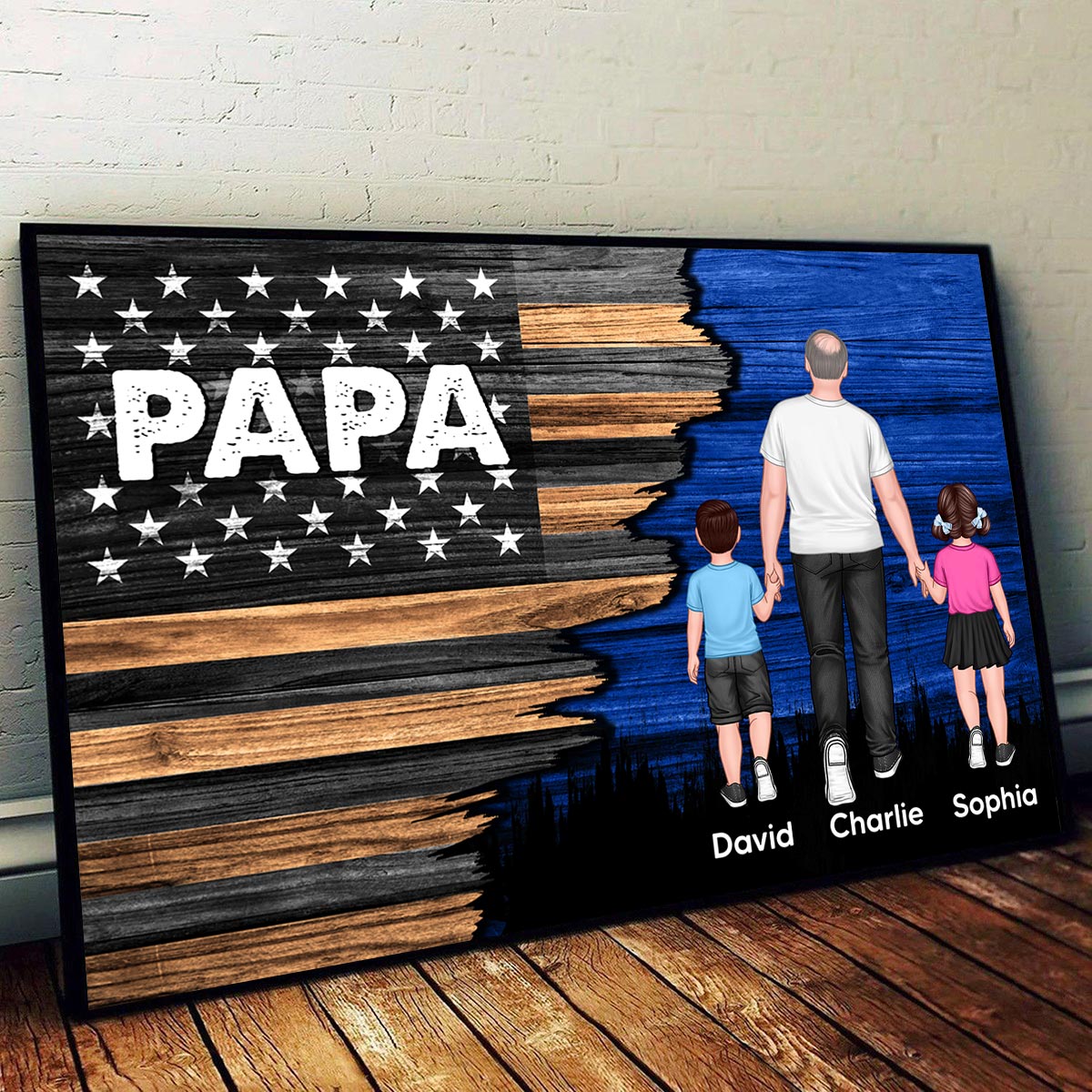 Dad Grandpa Papa Walking With Kids Half Nation Flag Personalized Horizontal Poster, Gift For Dad, For Grandpa, For Husband