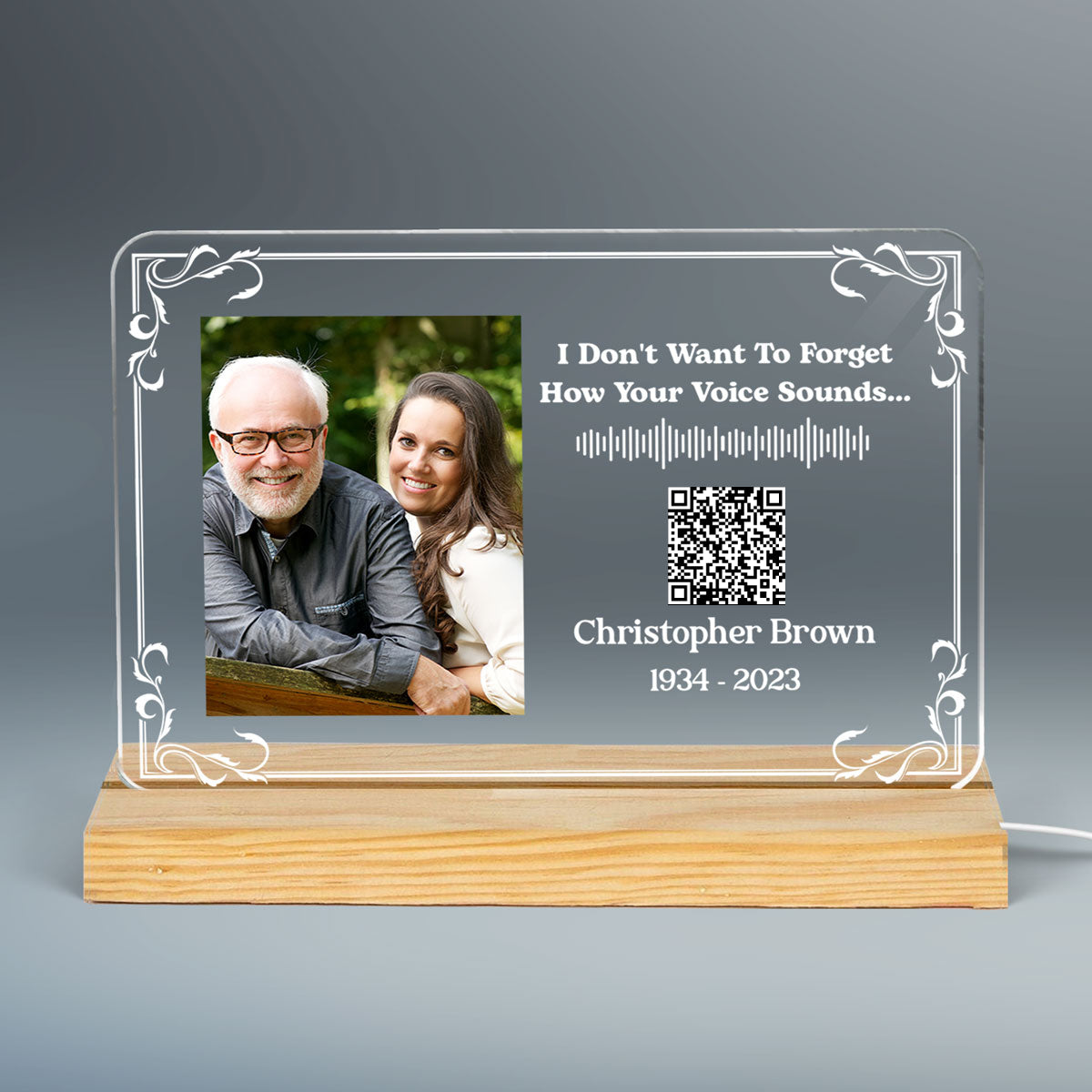 Custom Photo And Message Voice Scannable QR Code Memorial Personalized Horizontal Rectangle Acrylic Plaque With LED Night Light