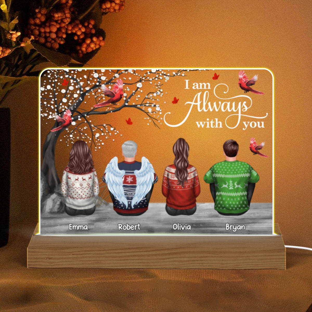 Cardinals Blossom Tree Always With You Family Memorial Remembrance Gift Christmas Personalized Custom Shape Acrylic Plaque Warm LED Night Light