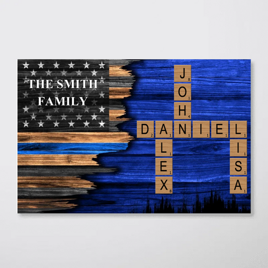 Half Flag Thin Blue Line Family Crossword Art Puzzle, Personalized Poster Office Decor, Appreciation Gift, Christmas Gift For Police Officers, Sheriff, Deputy Sheriff