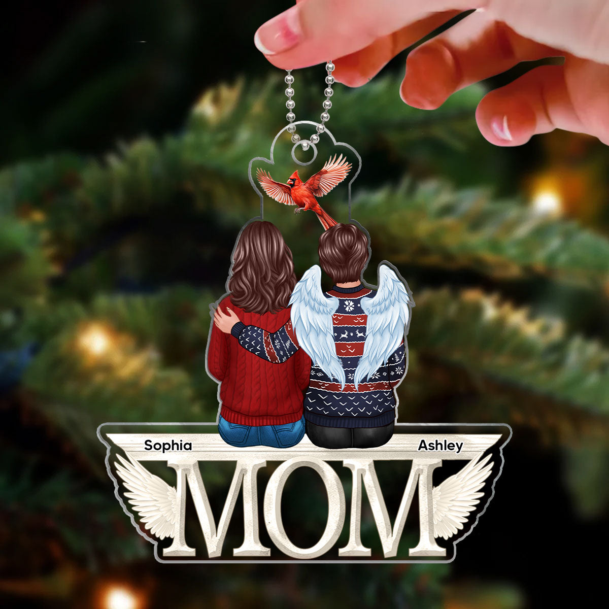 Dad Mom Cardinal Memorial Sitting On Text Personalized Custom Shape Acrylic Ornament