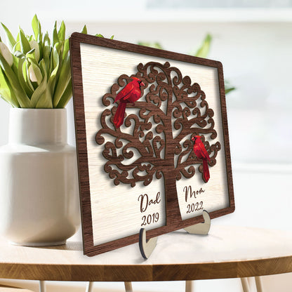 Dad Mom Cardinal Tree Personalized 2-Layer Wooden Plaque
