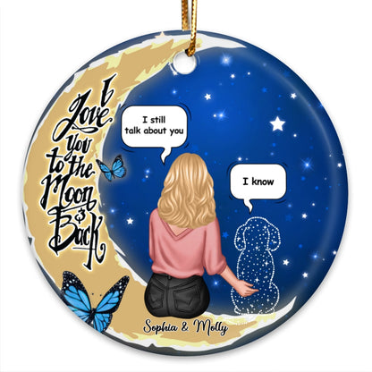 Dog Memorial Sitting On Moon Personalized Circle Ceramic Ornament