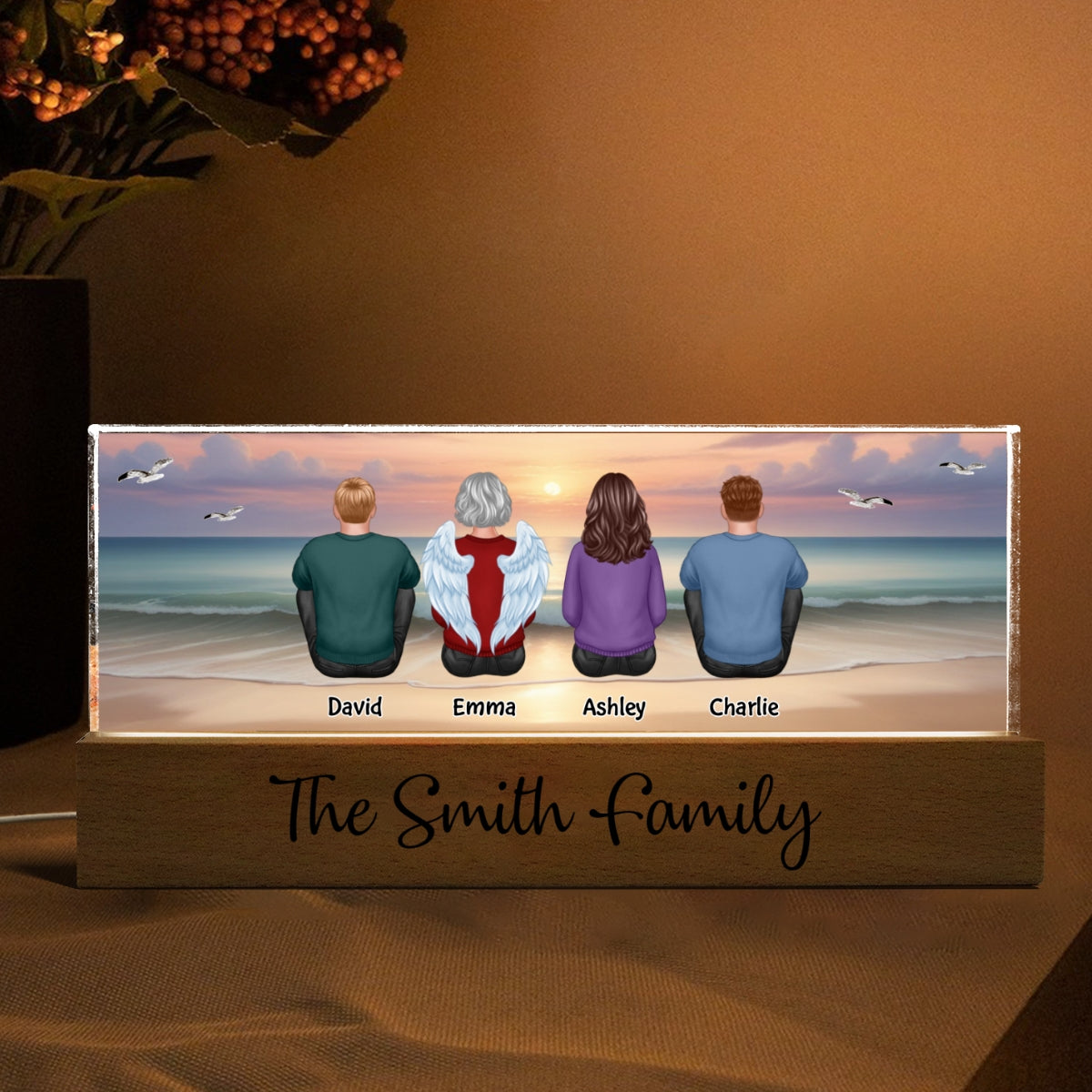 Eternal Sunset Beach Landscape Family Sitting Personalized Acrylic LED Night Light