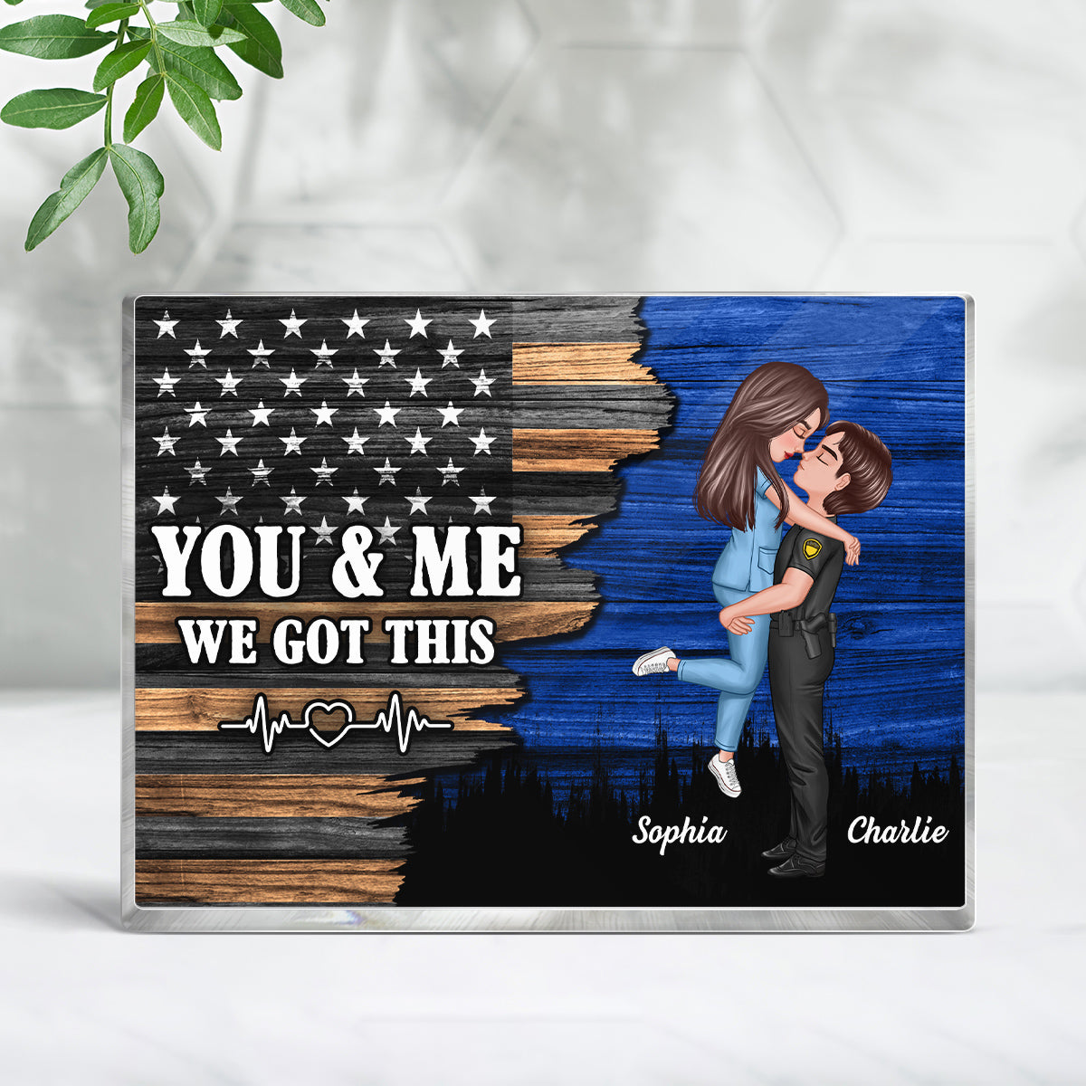 Hero Couple Half Flag Gifts by Occupation Gift For Her Gift For Him Firefighter, Nurse, Police Officer Personalized Acrylic Block Plaque, Anniversary Gift for Couple, Dad Mom