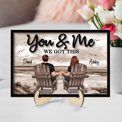 Retro Vintage Back View Couple Sitting Beach Landscape Personalized 2-Layer Wooden Plaque