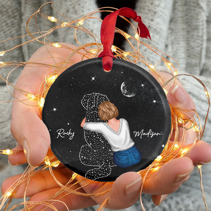 Woman And Dog Sitting Memorial Personalized Circle Ceramic Ornament