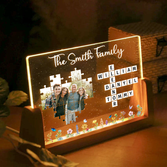 Family Crossword Puzzle Photo Uploaded Personalized U-Base Acrylic LED Night Light, Gift for Mom, Dad, Grandma