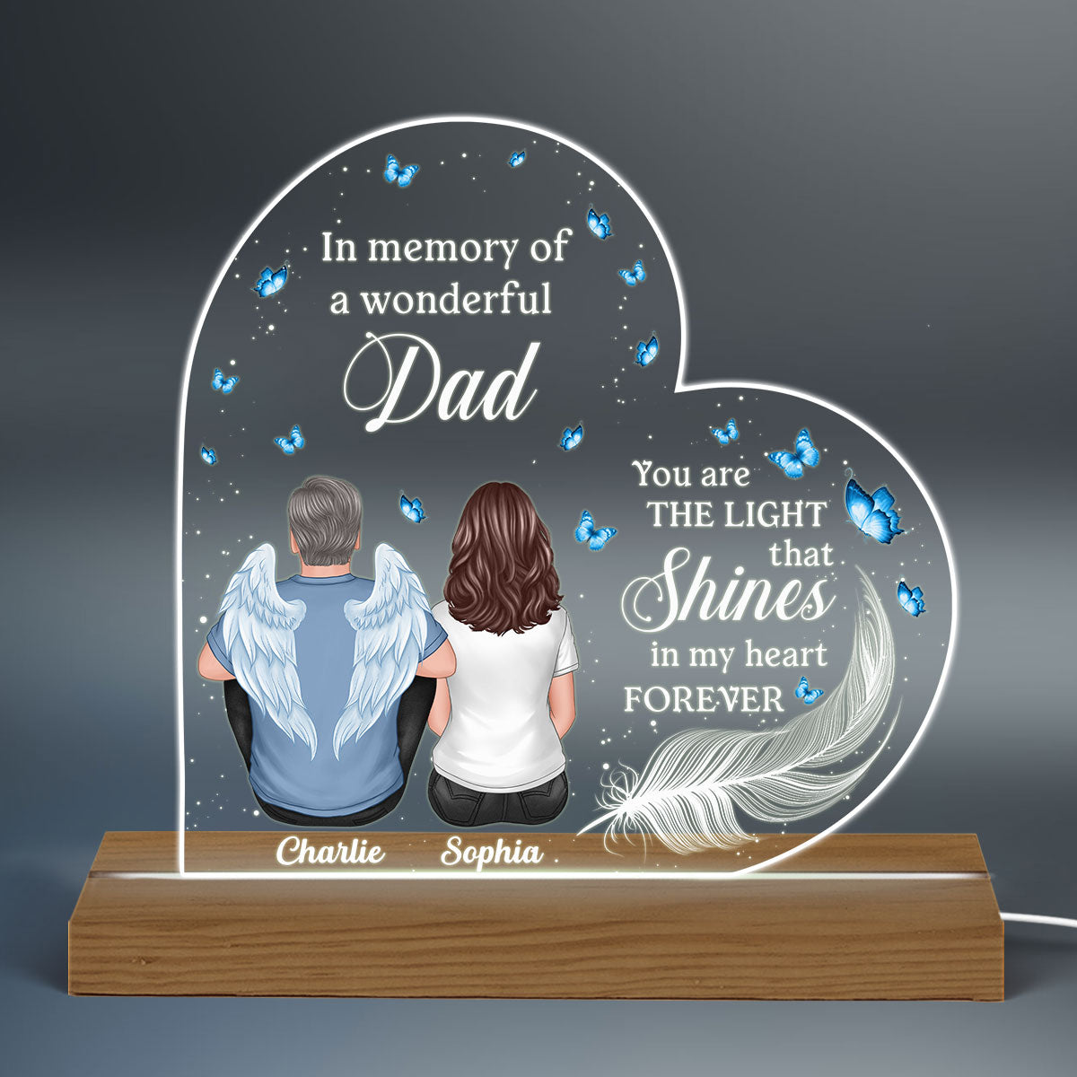 Dad In Heaven Feather Memorial Personalized Warm Acrylic Custom Shape LED Night Light