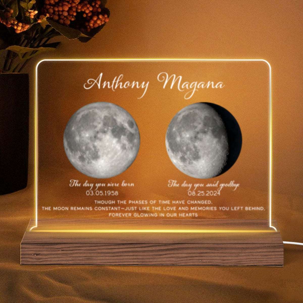 Memorial Keepsake Lost Loved One Moon Phase Art Sympathy Gift Personalized Acrylic Plaque With LED Night Light