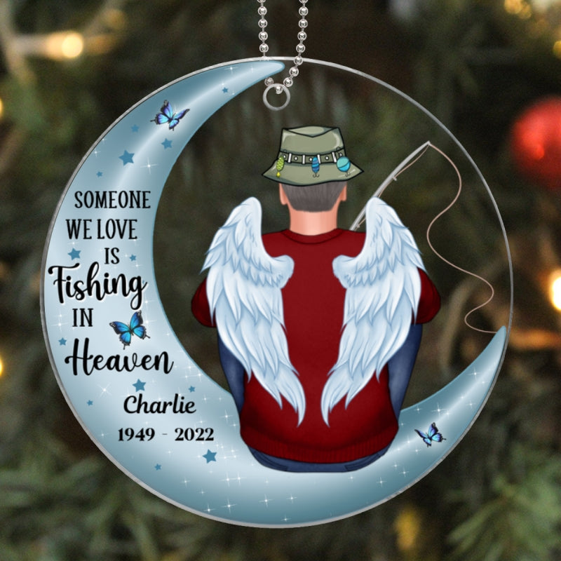 Fishing In Heaven Memorial Keepsake Moon Personalized Acrylic Ornament