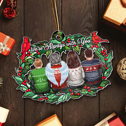 Christmas Family Sitting Back View Holly Branch Memorial Personalized Acrylic Ornament, Remembrance Gift, Sympathy Gift