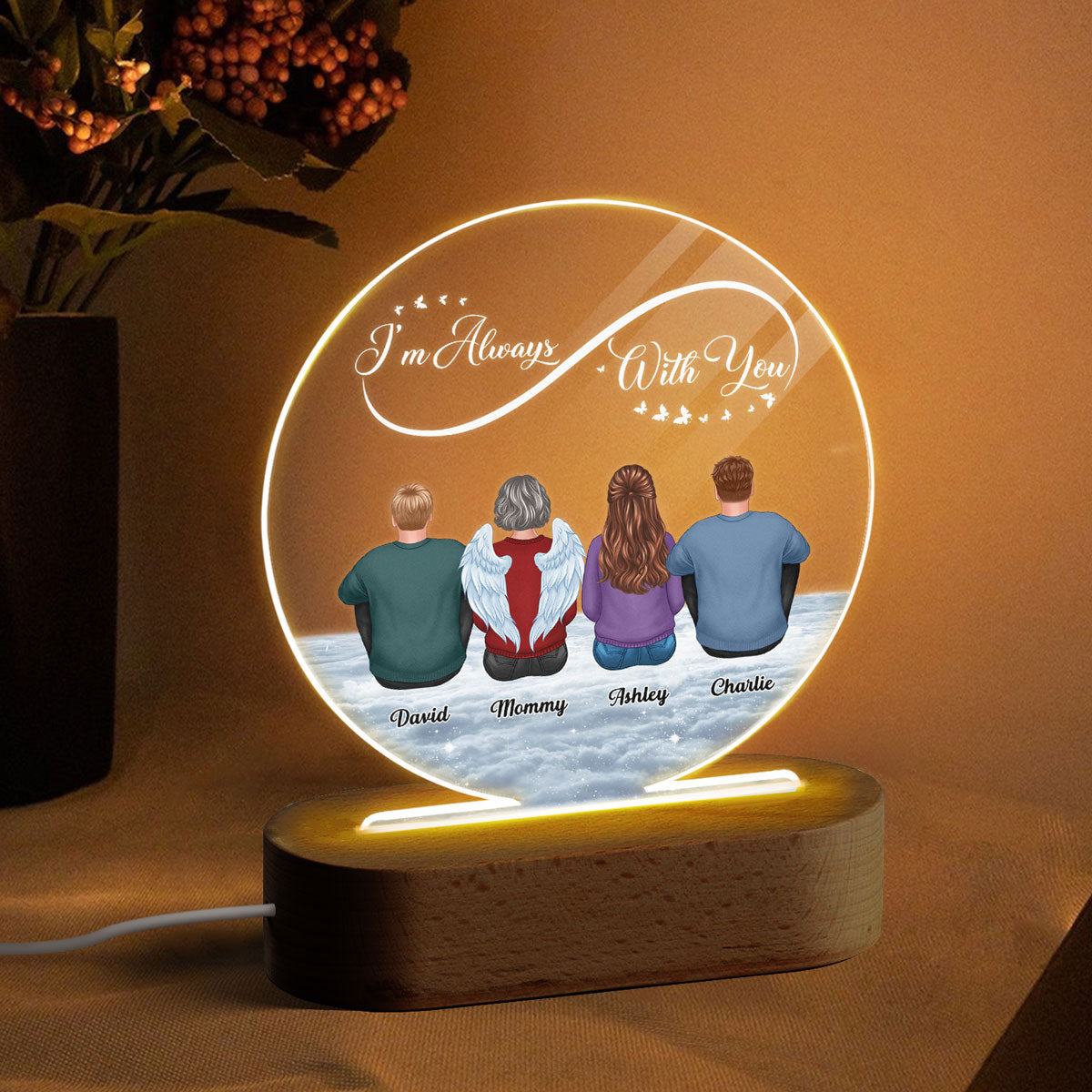 Infinity Always With You Family Memorial Remembrance Keepsake Personalized Circle Acrylic Plaque LED Lamp Night Light